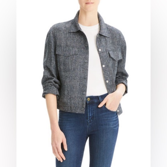 Theory Denim Trucker Jacket Herringbone Melange Linen Blend Sz P - Picture 2 of 14